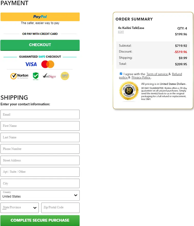 Keilini TalkEase check out page